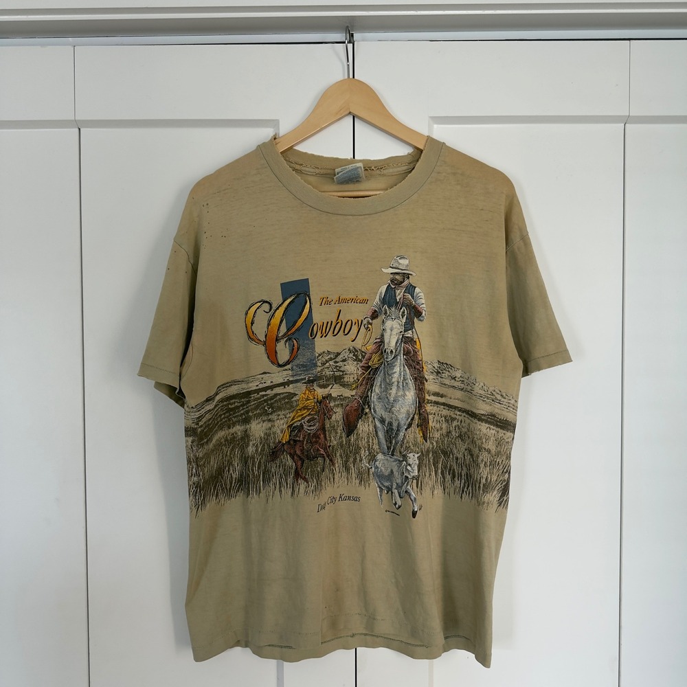 Mens Single Stitch T-Shirt Large Tan Vintage 1994 American Cowboy Distressed - Picture 2 of 8